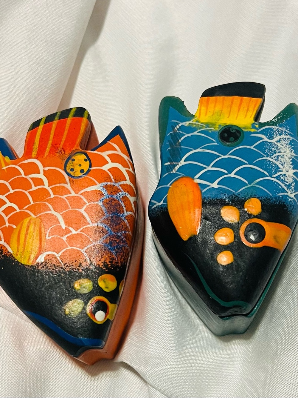 Vintage Hand Carved /Hand Painted Sculptures Wood Fish Colorful Folk Art Lot of
